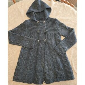 BCBG MaxAzria Gray Wool Hooded Button Chunky Knit Fisherman Sweater Women's M